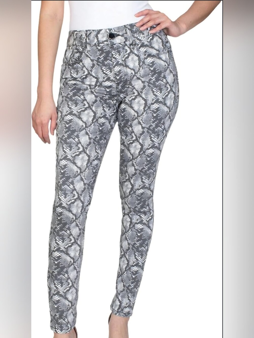 Seven7 Tummyless High Rise Skinny Jeans - Gray/White Snakeskin Python Print Sz14